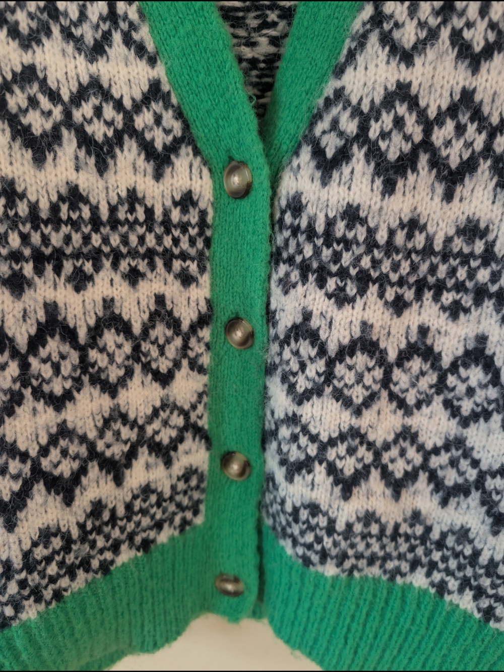 Fair Isle Knit Cardigan with Green Trim - Women's L